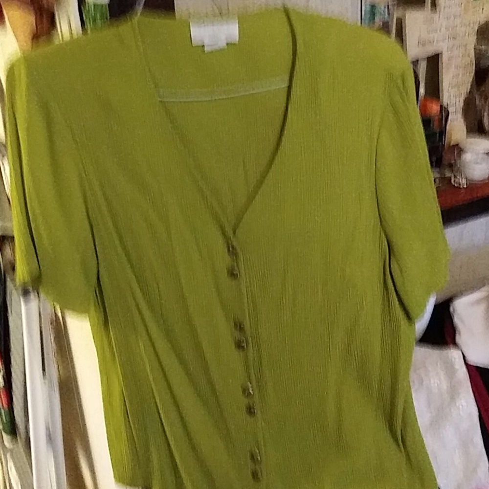 20 Studio C apple green vneck button up crinkle To